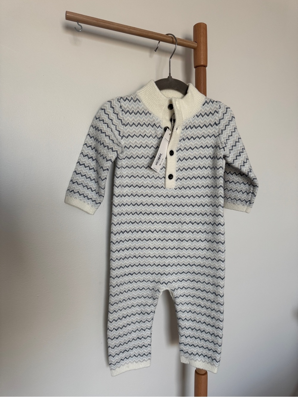 Janie and Jack Cream Knit One-Piece with Gray Zigzag